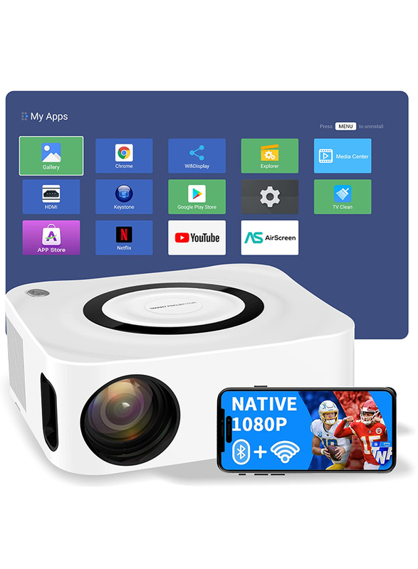 Wownect Portable Android ProjectorNative 1080P 4K HD Projector with 5G WiFi & Bluetooth 200” Display Supported Mini Projector for Outdoor & Movies Home Theater Compatible with Smartphone AV HDMI USB